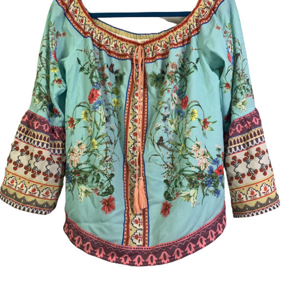 UMGEE Turquoise Blue Floral Straight Off The Runway Off-Shoulder Top - Picture 6 of 12